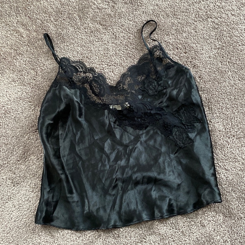 Vintage Victoria’s Secret Black Satin Lace Cami SIZE M Slip Lingerie Floral Trim